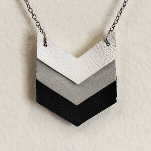 Brandy Bell Design Emerson Leather Chevron Necklace Silver Black White